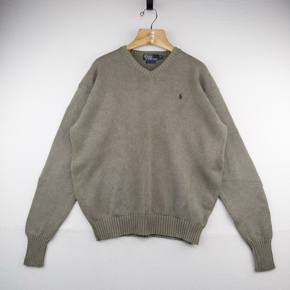 90's Vtg Polo Ralph Lauren Men's XL (105) V-Neck Cotton Knit Tan Sweater *Read